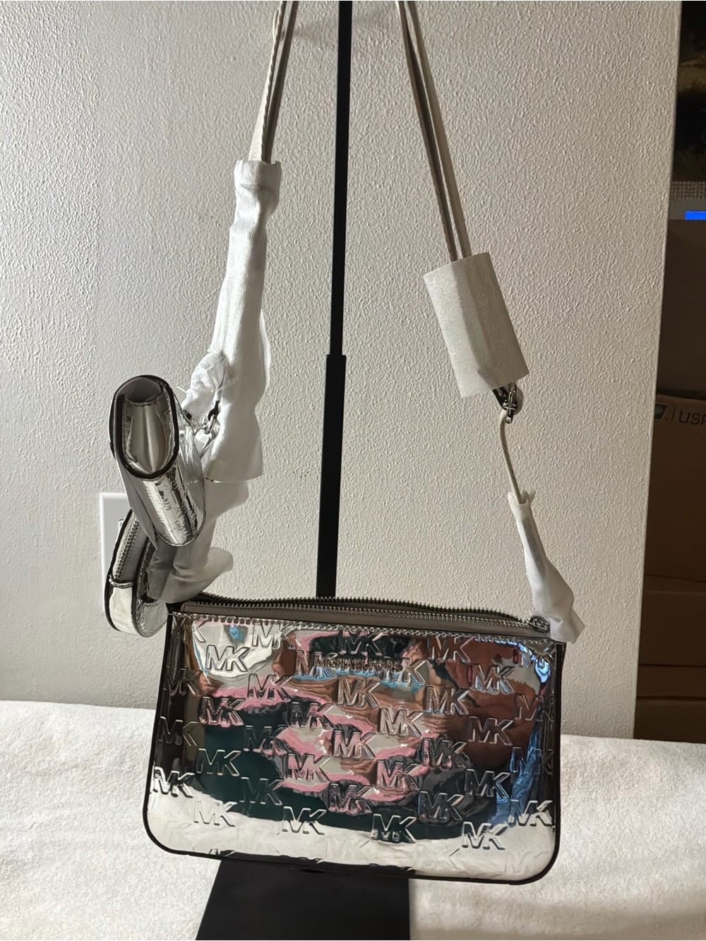 Michael Kors Iridescent Silver Holographic MK Logo Crossbody with Coin Pouch - Picture 2 of 4